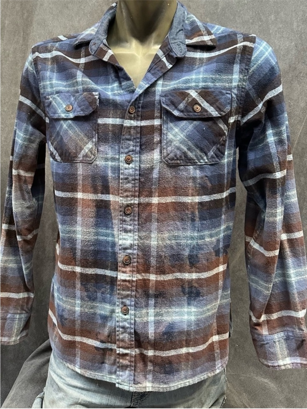 Jachs bleached heritage flannel shirt blue plaid men’s medium 100% cotton